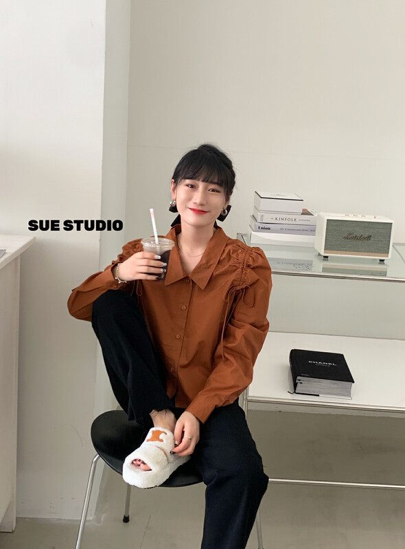 New in early autumn! [SUE STUDIO] drawstring tie design niche shirt 22203# ZJY