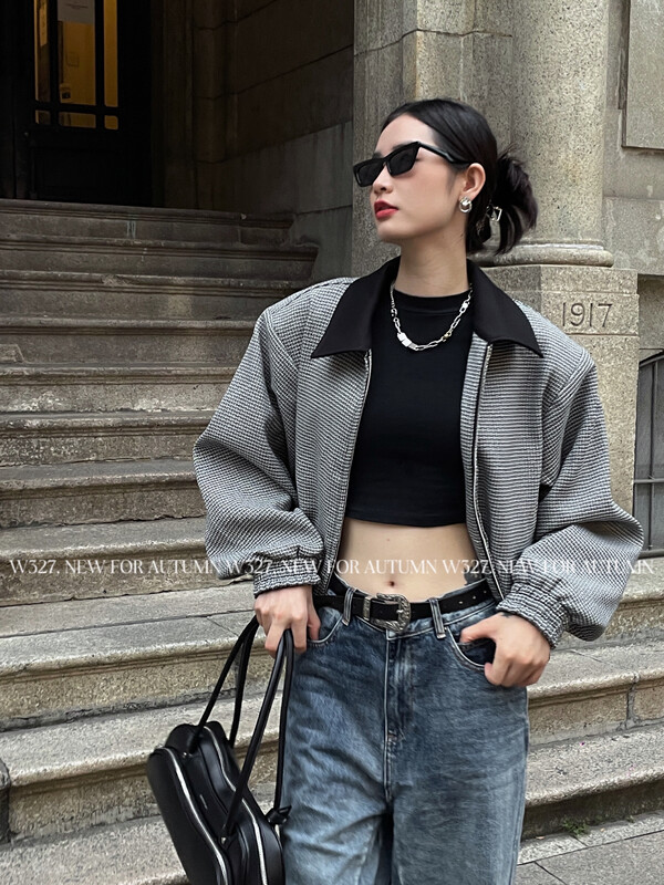 【W327.】Korean Custom Woven Check Shoulder Pad Jacket 93205# CQW