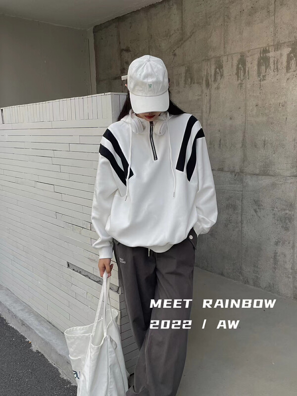 [RAINBOW] Explosive stand collar contrast color stitching zipper sweater 05107