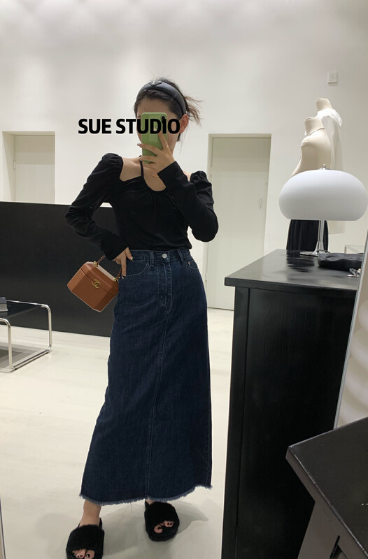 New in autumn! [SUE STUDIO] Back slit high waist slim denim skirt 8368# ZJY