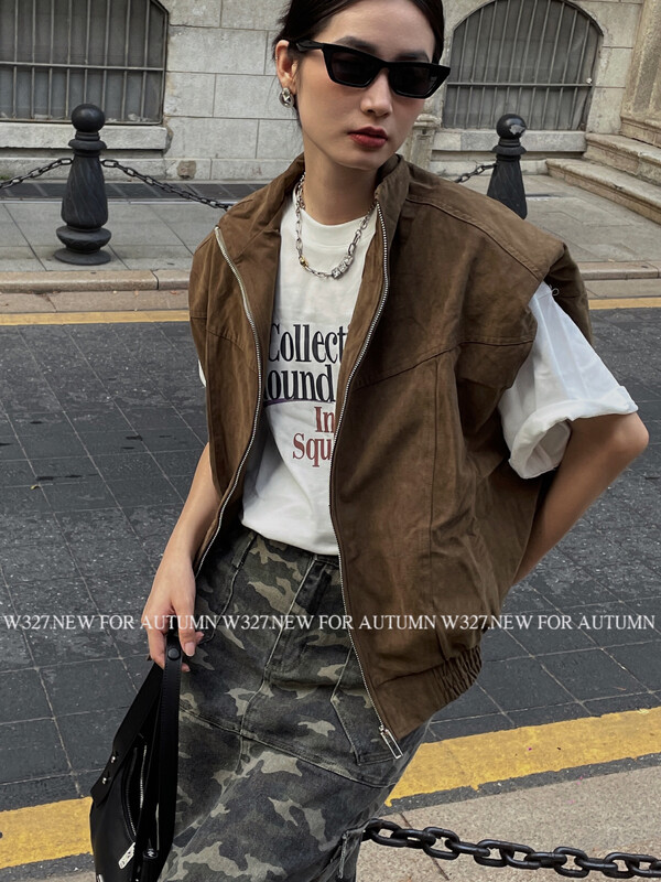 【W327.】Korean version of retro tooling wind-washed cotton vest (with shoulder pads) (shoulder pads are removable) 93202# CQW