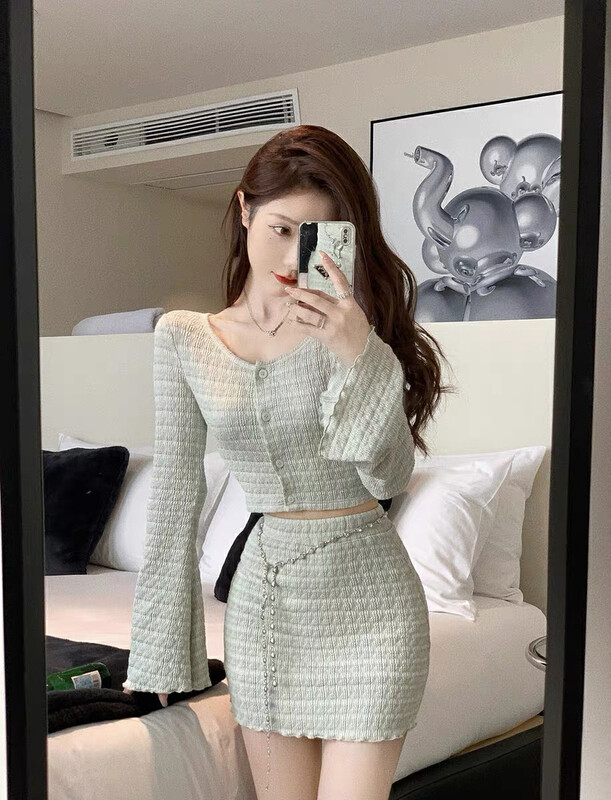 New in autumn! [Amanda] Pure Desire Textured Breasted Shirt + Slim Skirt Two-piece Suit (with Belt) 5190-1# PCZ