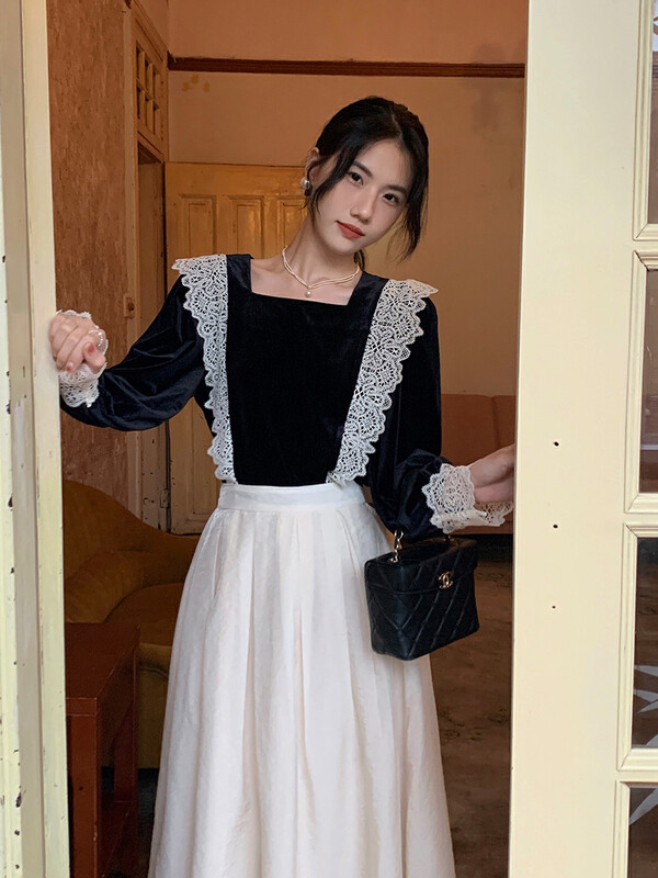 New in autumn! [NEW OPEN] French retro long-sleeved pullover lace lace shirt XY80322# ZXX