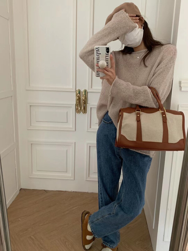 【LOVELY/SHMILY】Solid Color Casual Lazy Versatile Crewneck Sweater Warm Sweater M0757# FHX