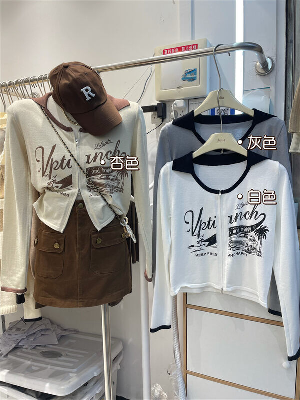 New in autumn! [JULIA] zipper short print long-sleeved shirt YS5-2063# PCZ