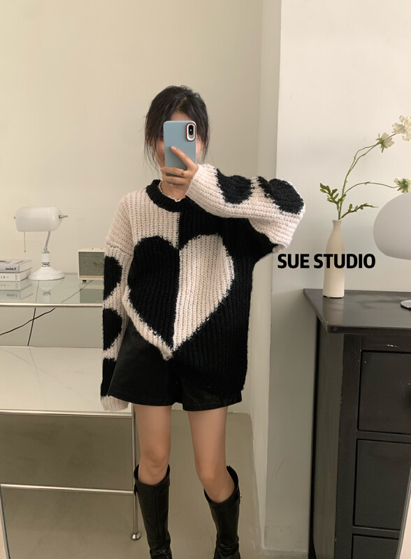 New in autumn! [SUE STUDIO] round neck loose color matching casual warm sweater 9817# ZJY