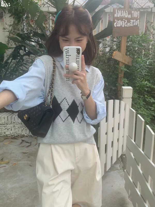 【LOVELY/SHMILY】Korean all-match raccoon velvet rhombus vest vest M0752