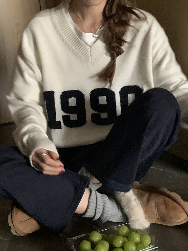 【LOVELY/SHMILY】Casual Lazy Versatile 1990 Digital V-Neck Sweater Sweater M0786