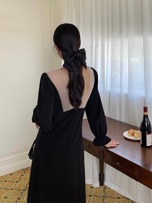 New in autumn!【NEW OPEN】French ladies pearl mesh stitching backless dress FL80205# ZXX