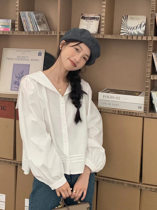 [LOVELY/SHMILY] College Age Reduction Navy Shirt S2202
