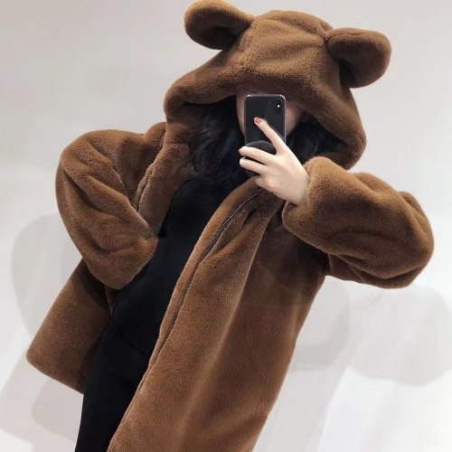  winter new hooded loose cute bear ears thickened plush medium and long imitation fur coat women