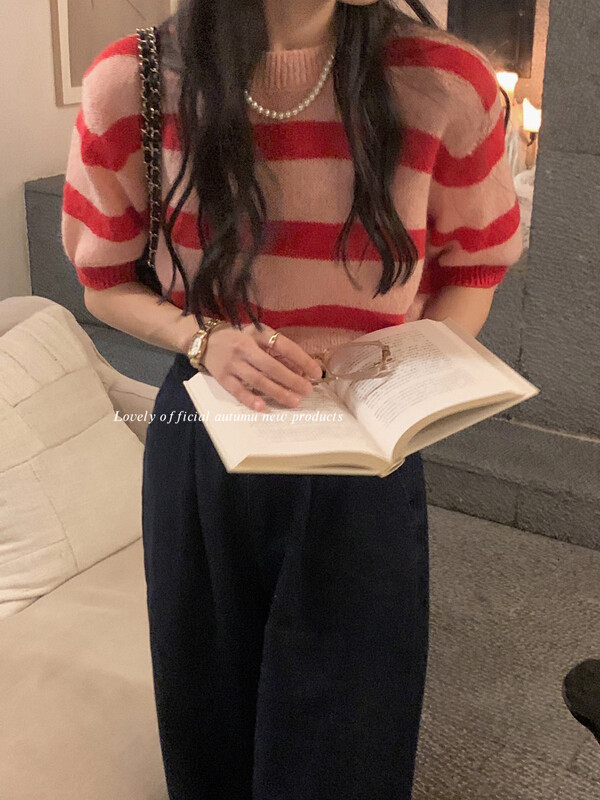 【LOVELY】Korean Stripe Contrast Color Knit Short Sleeve Knit Sweater M0676
