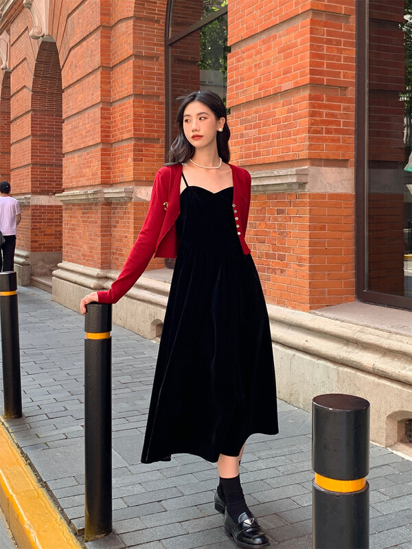 Autumn is new!【NEW OPEN】French texture waist velvet suspender dress FB80310# ZXX