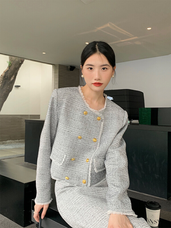 New in autumn!【NEW OPEN】Xiaoxiang style double-breasted round neck long-sleeved fringed short coat GW80195# ZXX