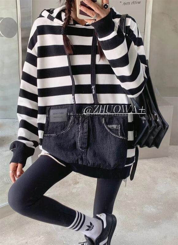 New in autumn! [Strictly selected by buyers - Zhuowa] loose and fashionable hooded stitched hem sweater YS1-5626# CL