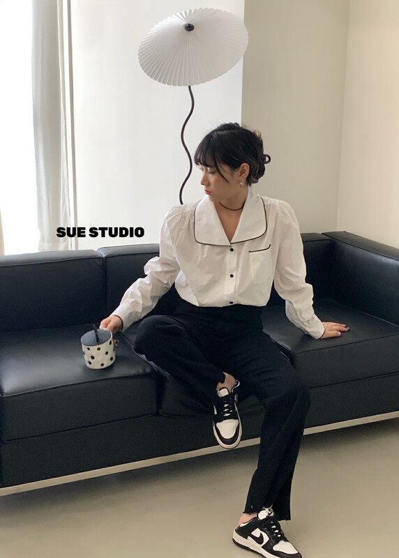 Original price 66.55! New in early autumn! [SUE STUDIO] temperament contrast color edge puff sleeve loose shirt 98033# ZJY