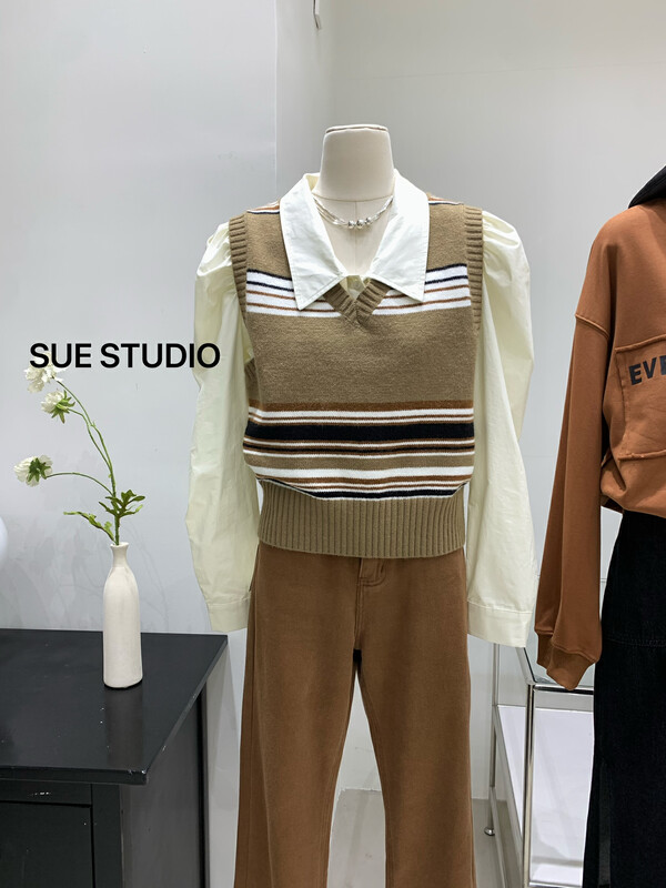 New in Autumn! [SUE STUDIO] Contrast stripe pullover vest 8960# ZJY