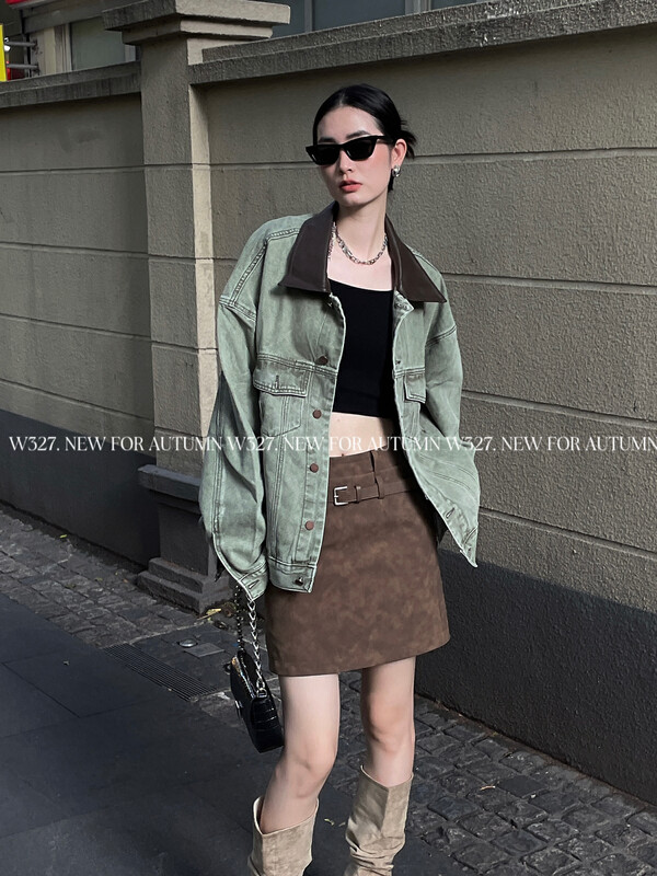 【W327.】Korean style spliced ​​leather collar fried color heavy-duty washed denim jacket 5012# CQW