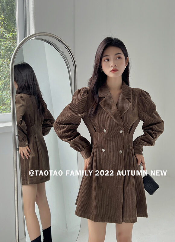 Autumn is new!【TAOTAO FAMILY】Temperament double-breasted corduroy dress (with bag) 3825# LSL