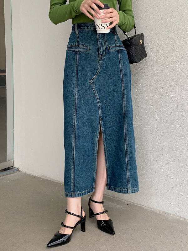 Autumn is new!【NEW OPEN】Korean high-waisted knee-length A-line slit skirt CQ80255# ZXX