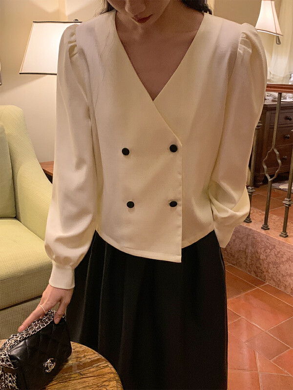 New in autumn!【NEW OPEN】Fashionable double-breasted shirt (with detachable lotus leaf collar) FY80132# ZXX
