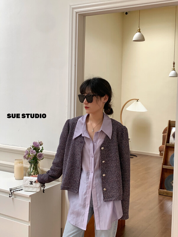 Original price 66.55! New in early autumn!【SUE STUDIO】Mixed-color gold wire-breasted short coat 22330# ZJY