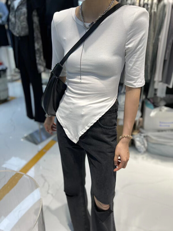 Early autumn new style! [Semi-plain] round neck solid color irregular short-sleeved T-shirt Z0151# ZJY