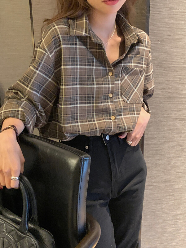 [LOVELY/SHMILY] Loose Korean style contrast color all-match plaid shirt shirt S2255