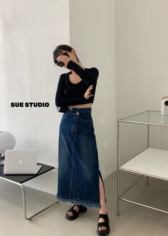 New in early autumn! [SUE STUDIO] Irregular high waist side slit denim skirt N8316# ZJY