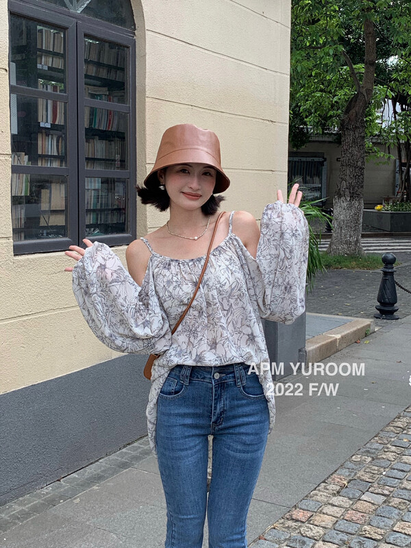 New in early autumn! [APM YUROOM] New temperament ink painting off-the-shoulder loose chiffon shirt 9038# LSL