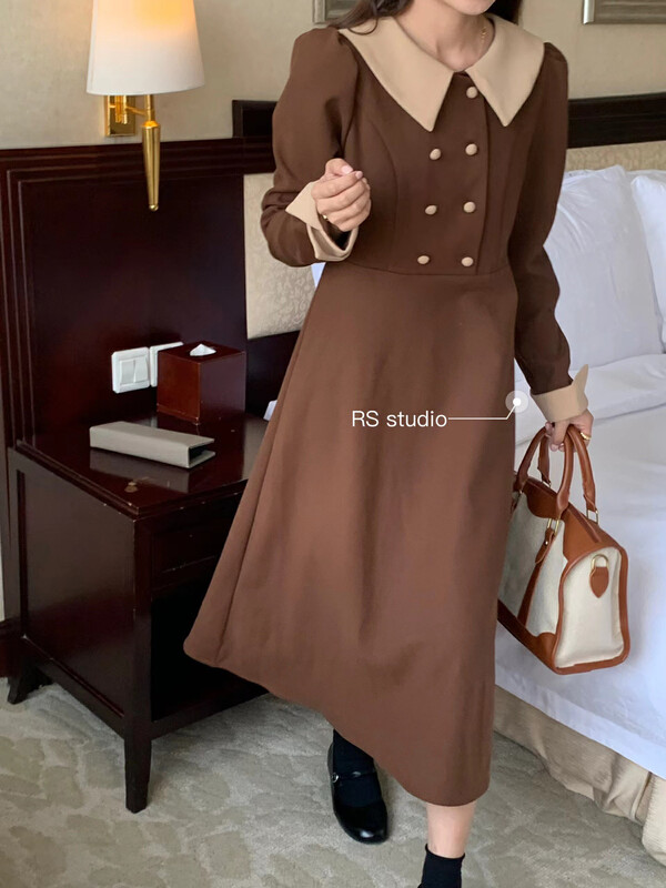 Autumn is new! [RS] Korean version of the contrast color lapel puff sleeve slim dress LL1055# FHX