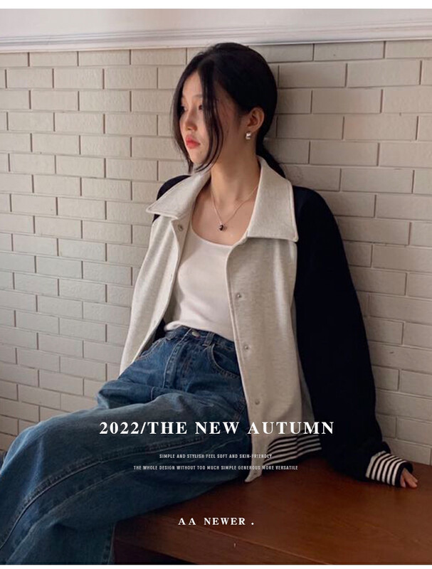 [THE MIND] round neck colorblock zipper fashion all-match slim sweater 61215