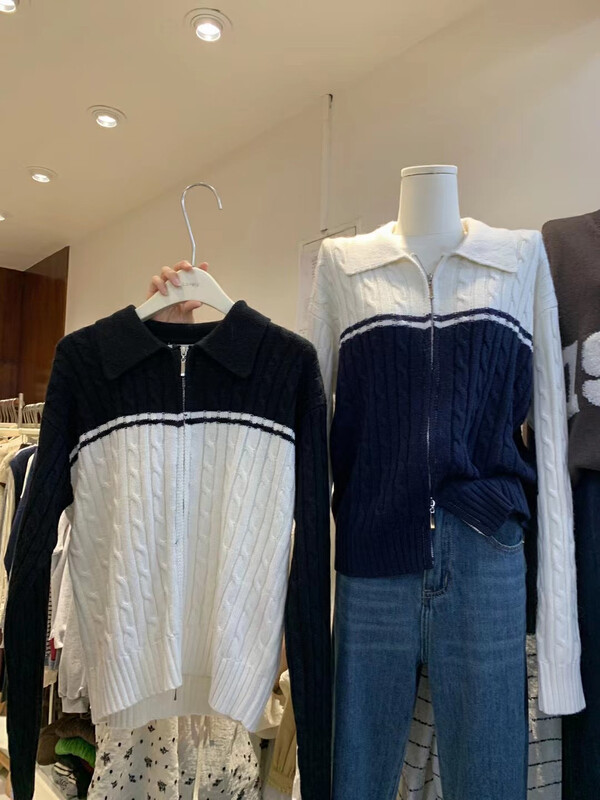 [LOVELY/SHMILY] Korean double zipper contrast color stitching sweater pullover cardigan sweater M0776-1