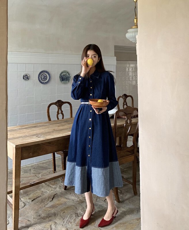 New in early autumn!【NEW OPEN】Korean style contrast color stitching breasted lapel denim dress (with belt) GL80065# ZXX