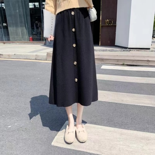 Knitted skirt women's autumn and winter new waist a-line thickened wool mid-length skirt temperament thin skirt