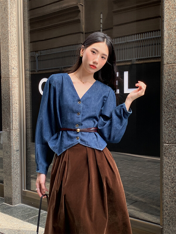 New in autumn!【NEW OPEN】French retro style washed long-sleeved denim shirt XY80102# ZXX