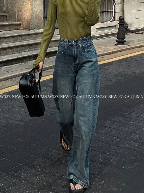【W327.】Vintage Standing Cut Split Line Washed Straight Jeans 5015# CQW