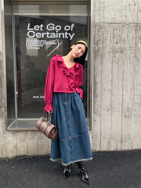 New in autumn!【NEW OPEN】Ruffled v-neck long-sleeved shirt GY80013# ZXX