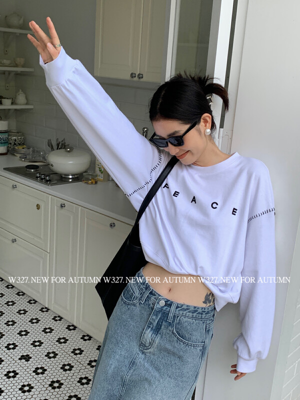 【W327.】Early autumn Korean style contrast color line embroidery letter sweater 57055# CQW
