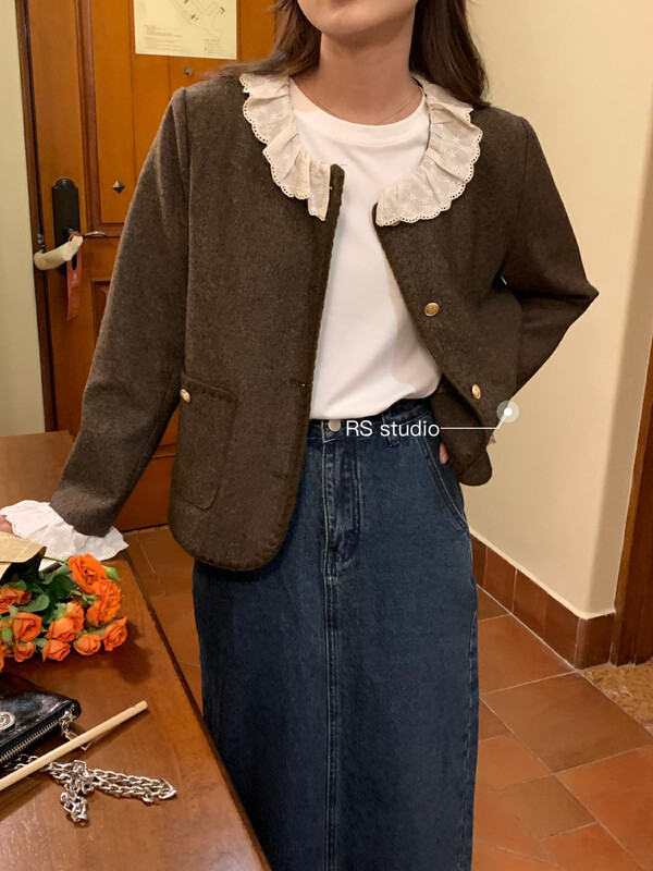 New in autumn!【RS】French stitching lace small fragrant wind short coat KL0018# FHX