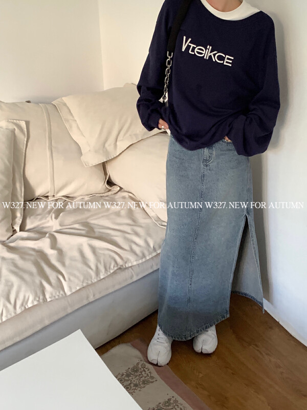 【W327.】Early autumn Korean style wash skirt with slit hem 5009# CQW