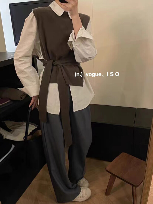 New in autumn! [ISO Korean] Loose and lazy style sweater vest + simple wild shirt suit 66591# HJY