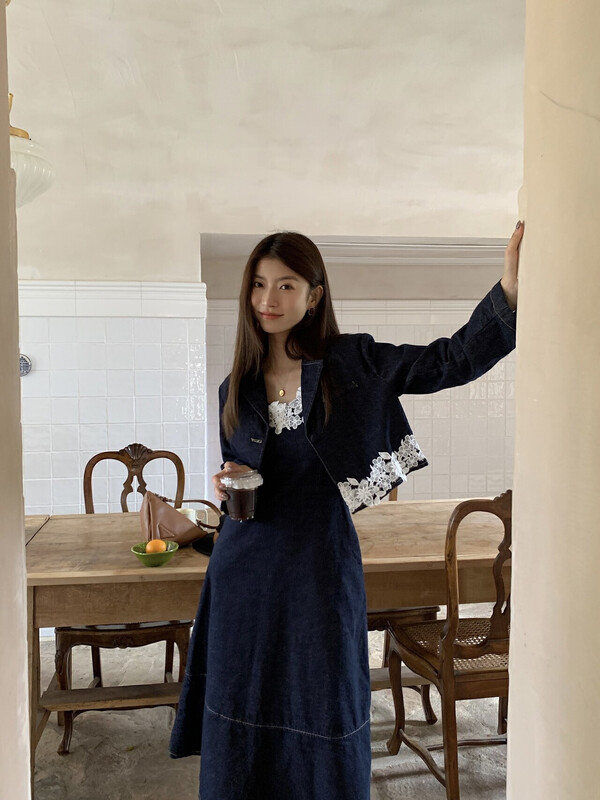 【NEW OPEN】Women's Autumn French Long Sleeve Lace Trimmed Contrast Color Denim Jacket CW80071# ZXX