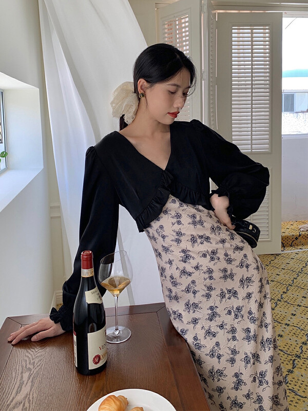 New autumn models!【NEW OPEN】French retro temperament fungus edge fake two-piece dress FL80212# ZXX