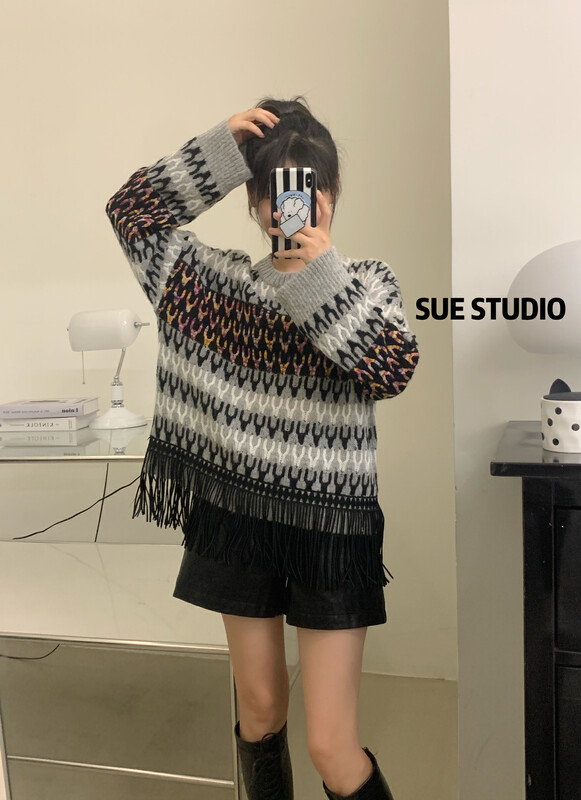 New in autumn!【SUE STUDIO】Mixed color fringed large version of thermal sweater 5101# ZJY