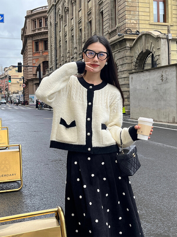 New in autumn! [NEW OPEN] Gentle temperament contrasting color single-breasted knitted cardigan JM80393# ZXX