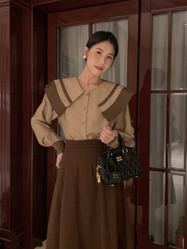 Autumn is new!【NEW OPEN】Korean girl age-reducing long-sleeved lotus leaf ear fungus shirt FY80331# ZXX