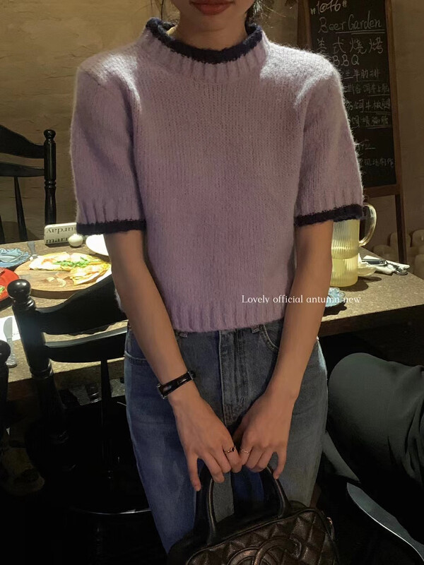 Original price 58.65! 【LOVELY/SHMILY】Colorblock short-sleeved wool top knitted sweater M0665# FHX