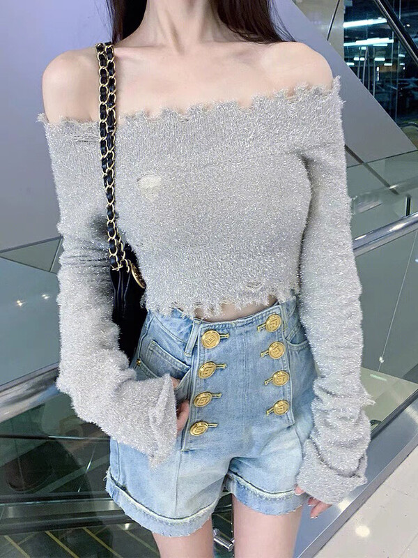 Autumn is new! [Amanda] pure desire bright silk one-shoulder all-match short warm sweater 5192# PCZ