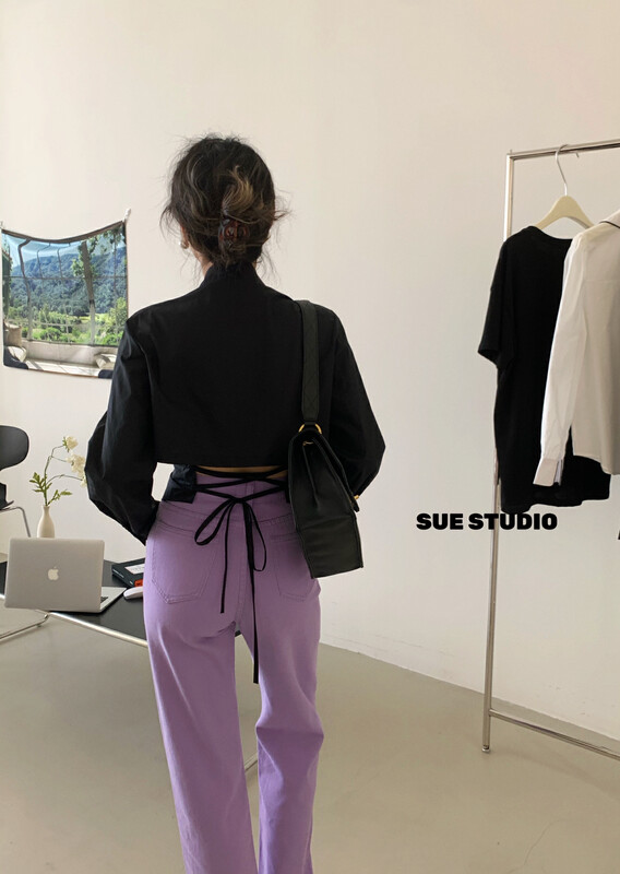 New in early autumn! [SUE STUDIO] backless strappy shoulder pad shirt (with waist rope) 22325# ZJY